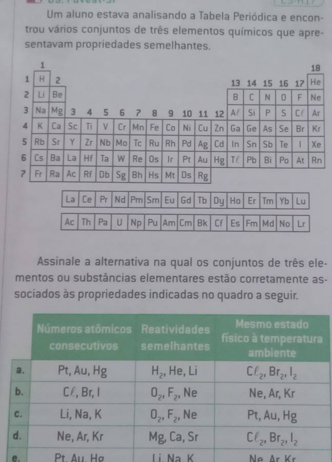 Um aluno estava analisando a Tabela Periódica e encon-
trou vários conjuntos de três elementos químicos que apre-
sentavam propriedades semelhantes.
Assinale a alternativa na qual os conjuntos de três ele-
mentos ou substâncias elementares estão corretamente as-
sociados às propriedades indicadas no quadro a seguir.
e. Pt. Au Hơ Li Na K  N A r K -