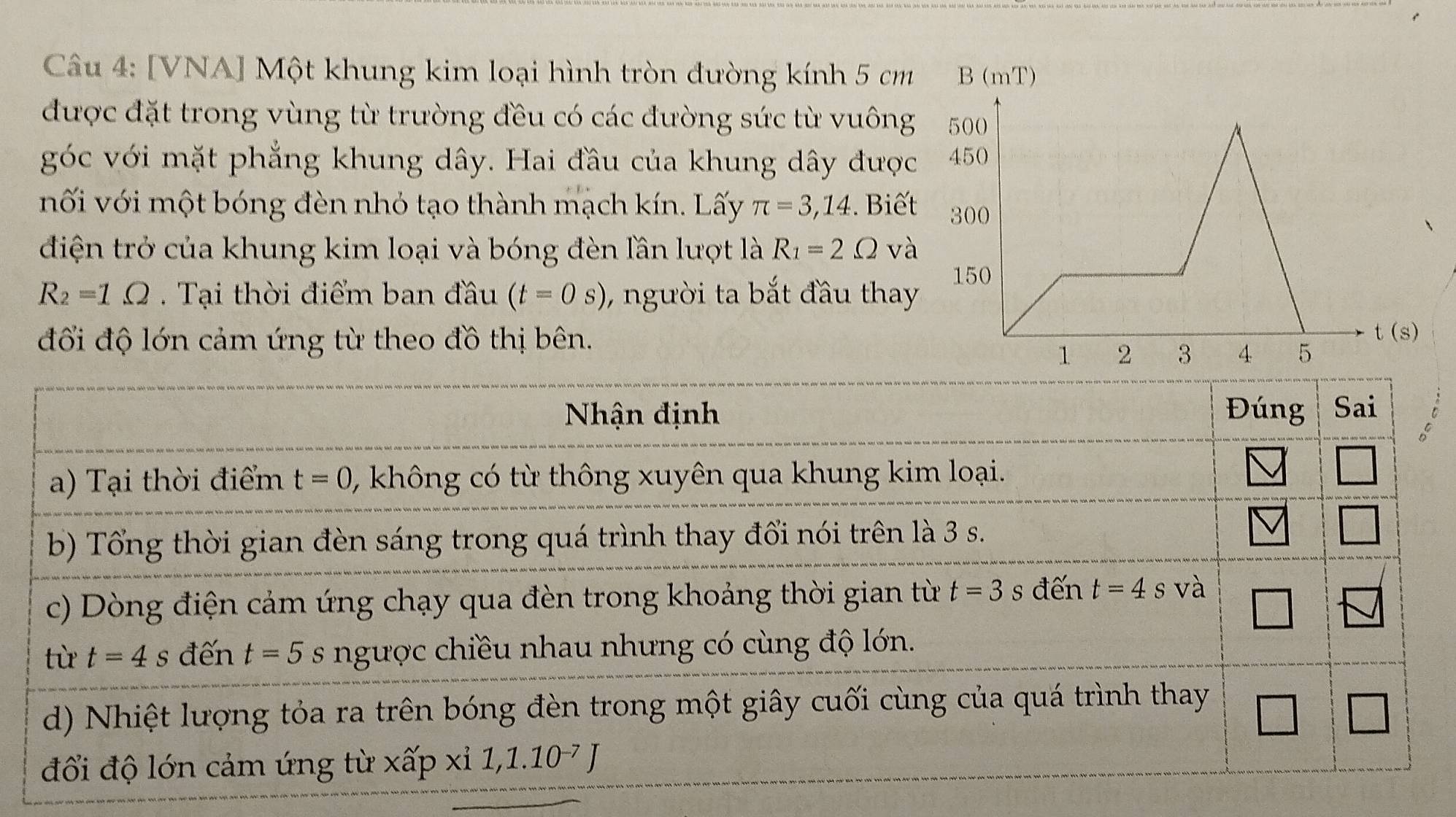 [VNA] Một khung kim loại hình tròn đường kính 5 cm B (mT)
được đặt trong vùng từ trường đều có các đường sức từ vuông
góc với mặt phẳng khung dây. Hai đầu của khung dây được
vối với một bóng đèn nhỏ tạo thành mạch kín. Lấy π =3,14. Biết
điện trở của khung kim loại và bóng đèn lần lượt là R_1=2Omega và
R_2=1Omega. Tại thời điểm ban đầu (t=0s) ), người ta bắt đầu thay
đổi độ lớn cảm ứng từ theo đồ thị bên.
s)