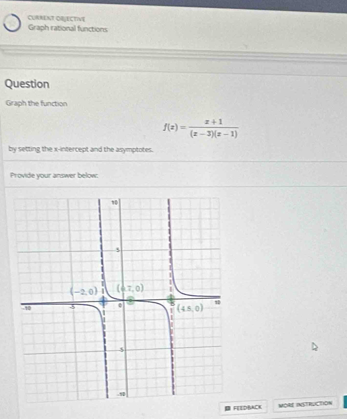 CURRENT OEJECTIVE
Graph rational functions
Question
Graph the function
f(x)= (x+1)/(x-3)(x-1) 
by setting the x-intercept and the asymptotes.
Provide your answer below:
FEEDBACK MORE INSTRUCTION