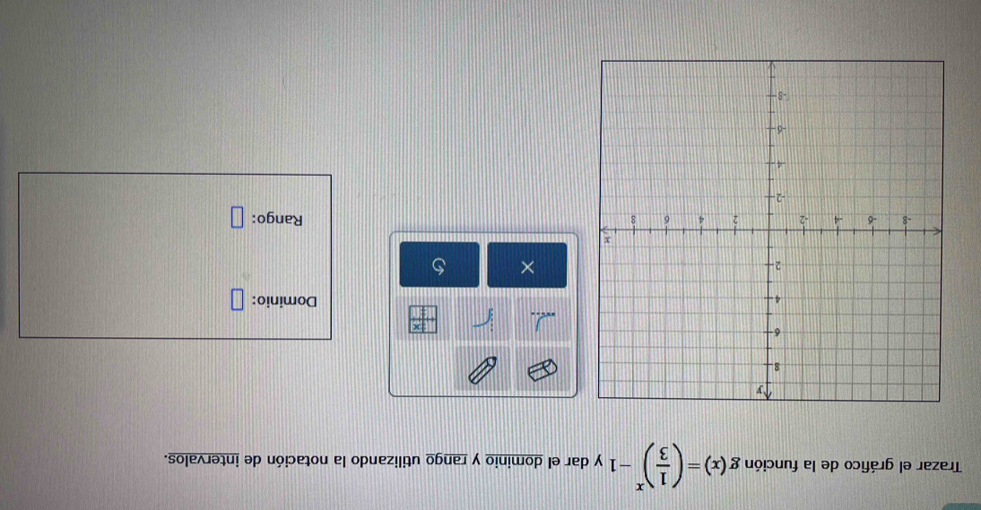 Trazar el gráfico de la función g(x)=( 1/3 )^x-1 y dar el dominio y rango utilizando la notación de intervalos. 
Dominio: □ 
× 
Rango: