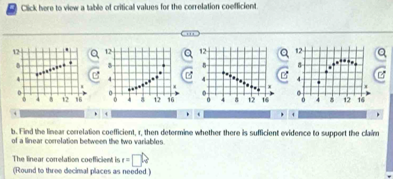 Click here to view a table of critical values for the correlation coefficient. 

4 
1 
b. Find the linear correlation coefficient, r, then determine whether there is sufficient evidence to support the claim 
of a linear correlation between the two variables. 
The linear correlation coefficient is r=□
(Round to three decimal places as needed.)