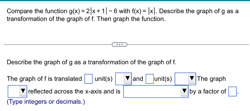 Compare the function g(x)=2|x+1|-6 with f(x)=|x|. Describe the graph of g as a 
transformation of the graph of f. Then graph the function. 
Describe the graph of g as a transformation of the graph of f. 
The graph of f is translated □ unit(s) V and □ unit(s) V The graph 
□ reflected across the x-axis and is □ |· by a factor of □. 
(Type integers or decimals.)