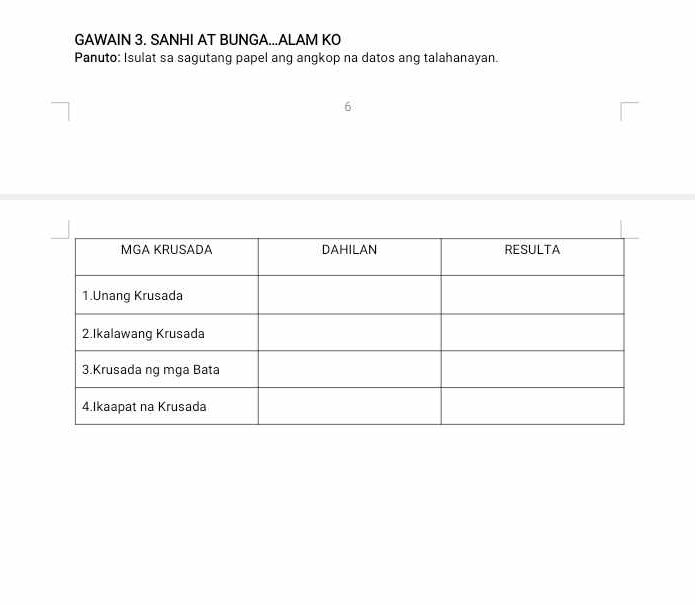 GAWAIN 3. SANHI AT BUNGA...ALAM KO 
Panuto: Isulat sa sagutang papel ang angkop na datos ang talahanayan.