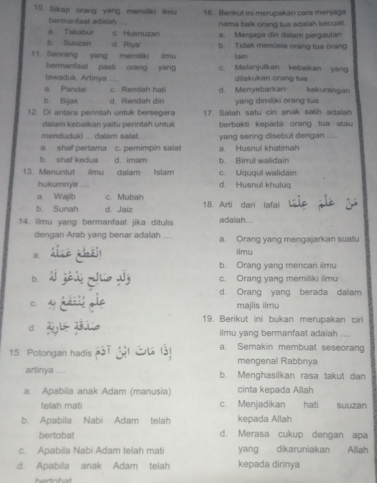 Sikap orang yang memiliki ilmu 16. Berikut ini merupakan cara menjaga
bermanfaat adaiah …
a. Takabur c. Husnuzan nama baik orang tua adalah kecuali.
a. Menjaga diri dalam pergaulan
b Suuzan d. Riya' b. Tidak mencela orang tua oran
11. Seorang yang memiliki ilmu lain
bermanfaat pasti orang yang c. Melanjutkan kebaikan yang
tawaduk. Artinya . dilakukan orang tua
a. Pandai c. Rendah hati d. Menyebarkan kekurangan
b. Bijak d. Rendah diri yang dimiliki orang tua
12. Di antara perintah untuk bersegera 17. Salah satu ciri anak salih adalah
dalam kebaikan yaitu perintah untuk berbak1i kepada orang tua atau
menduduki ... dalam salat. yang sering disebut dengan .....
a. shaf pertama c. pemimpin salat a. Husnul khatimah
b. shaf kedua d. imam b. Birrul walidain
13. Menuntut ilmu dalam   Islam c. Uququl walidain
hukumnya .... d. Husnul khuluq
a. Wajib c. Mubah
b. Sunah d. Jaiz 18. Arti dari lafal
14. Ilmu yang bermanfaat jika ditulis adalah...
dengan Arab yang benar adalah .... a. Orang yang mengajarkan suatu
a.
ilmu
b. Orang yang mencari ilmu
b. c. Orang yang memiliki ilmu
d. Orang yang berada dalam
C. majlis ilmu
19. Berikut ini bukan merupakan ciri
d.
ilmu yang bermanfaat adalah ....
a. Semakin membuat seseorang
15. Potongan hadis
mengenal Rabbnya
artinya .... b. Menghasilkan rasa takut dan
a. Apabila anak Adam (manusia) cinta kepada Allah
telah mati c. Menjadikan hati suuzan
b. Apabila Nabi Adam telah kepada Allah
bertobat d. Merasa cukup dengan apa
c. Apabila Nabi Adam telah mati yang dikaruniakan Allah
d. Apabila anak Adam telah kepada dirinya
hartnhat