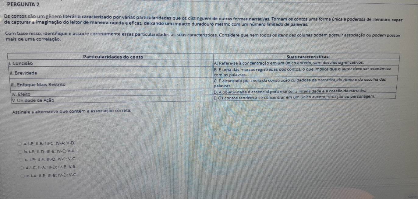 PERGUNTA 2
Os contos são um gênero literário caracterizado por várias particularidades que os distinguem de outras formas narrativas. Tornam os contos uma forma única e poderosa de literatura, capaz
de capturar a imaginação do leitor de maneira rápida e eficaz, deixando um impacto duradouro mesmo com um número limitado de palavras.
Com base nisso, identifique e associe corretamente essas particularidades às suas características. Considere que nem todos os itens das colunas podem possuir associação ou podem possuía
mais de uma correlação.
Assinale a alternativa que contém a associação correta
a. I-E; I-B; III-C: IV-A; V-D
b. I-B; II-D; III-E; IV-C; V-A.
c. I-B; II-A; III-D; IV-E; V-C.
d. I-C; II-A; III-D; IV-B; V-E
e. I-A; I-E; II-B: IV-D; V-C.