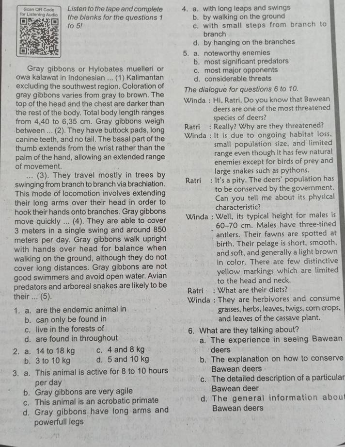 Scan QR Code Listen to the tape and complete 4. a. with long leaps and swings
for Listening Audio the blanks for the questions 1 b. by walking on the ground
to 5! c. with small steps from branch to
branch
d. by hanging on the branches
5. a. noteworthy enemies
b. most significant predators
Gray gibbons or Hylobates muelleri or c. most major opponents
owa kalawat in Indonesian ... (1) Kalimantan d. considerable threats
excluding the southwest region. Coloration of
gray gibbons varies from gray to brown. The The dialogue for questions 6 to 10.
top of the head and the chest are darker than Winda : Hi, Ratri. Do you know that Bawean
the rest of the body. Total body length ranges deers are one of the most threatened
from 4,40 to 6,35 cm. Gray gibbons weigh species of deers?
between ... (2). They have buttock pads, long Ratri : Really? Why are they threatened?
canine teeth, and no tail. The basal part of the  Winda : It is due to ongoing habitat loss.
thumb extends from the wrist rather than the small population size, and limited
palm of the hand, allowing an extended range range even though it has few natural
of movement. enemies except for birds of prey and
(3). They travel mostly in trees by large snakes such as pythons.
swinging from branch to branch via brachiation. Ratri : It's a pity. The deers' population has
This mode of locomotion involves extending to be conserved by the government.
their long arms over their head in order to Can you tell me about its physical
hook their hands onto branches. Gray gibbons characteristic?
move quickly ... (4). They are able to cover  Winda : Well, its typical height for males is
3 meters in a single swing and around 850 60-70 cm. Males have three-tined
meters per day. Gray gibbons walk upright antlers. Their fawns are spotted at
with hands over head for balance when birth. Their pelage is short, smooth,
walking on the ground, although they do not and soft, and generally a light brown
cover long distances. Gray gibbons are not in color. There are few distinctive
good swimmers and avoid open water. Avian yellow markings which are limited
predators and arboreal snakes are likely to be to the head and neck.
their ... (5). Ratri : What are their diets?
Winda : They are herbivores and consume
1. a. are the endemic animal in grasses, herbs, leaves, twigs, corn crops,
b. can only be found in and leaves of the cassave plant.
c. live in the forests of 6. What are they talking about?
d. are found in throughout a. The experience in seeing Bawean
2. a. 14 to 18 kg c. 4 and 8 kg deers
b. 3 to 10 kg d. 5 and 10 kg b. The explanation on how to conserve
3. a. This animal is active for 8 to 10 hours Bawean deers
per day c. The detailed description of a particular
b. Gray gibbons are very agile Bawean deer
c. This animal is an acrobatic primate d. The general information abou
d. Gray gibbons have long arms and Bawean deers
powerfull legs
