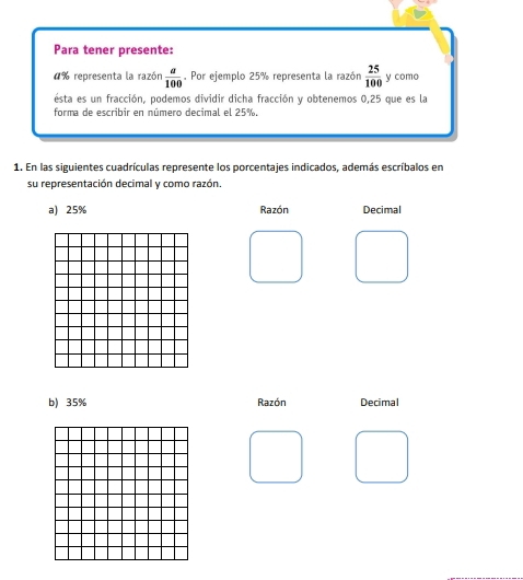 Para tener presente:
4% representa la razón  a/100 . Por ejemplo 25% representa la razón  25/100  y como 
esta es un fracción, podemos dividir dicha fracción y obtenemos 0,25 que es la 
forma de escribir en número decimal el 25%. 
1. En las siguientes cuadrículas represente los porcentajes indicados, además escríbalos en 
su representación decimal y como razón. 
a) 25% Razón Decimal 
b) 35% Razón Decimal
