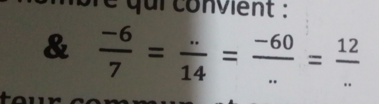 é qui convient : 
&  (-6)/7 = (..)/14 = (-60)/.. = 12/... 