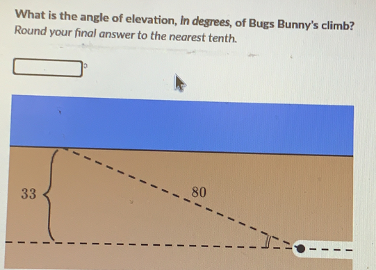 What is the angle of elevation, in degrees, of Bugs Bunny's climb?
Round your final answer to the nearest tenth.