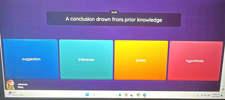 15/
A conclusion drawn from prior knowledge
suggestion Inference guess hypothesis
Johanna
Alley
7V7 22:01 P