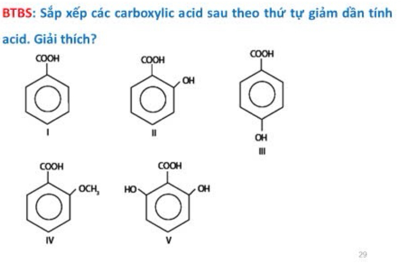 BTBS: Sắp xếp các carboxylic acid sau theo thứ tự giảm dần tính
acid. Giải thích?
COOH 
COOH
1
OH
.
 
 
29