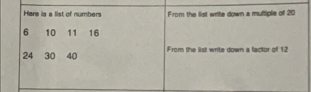 Here is a list of numbers From the list write down a multiple of 20
6 10 11 16
From the list write down a factor of 12
24 30 40