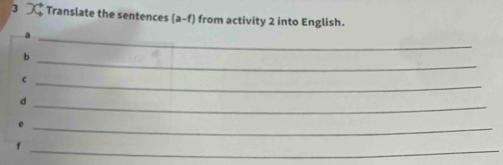 Translate the sentences (a-f) from activity 2 into English. 
_a 
b 
_ 
_e 
_d 
_ 
_1