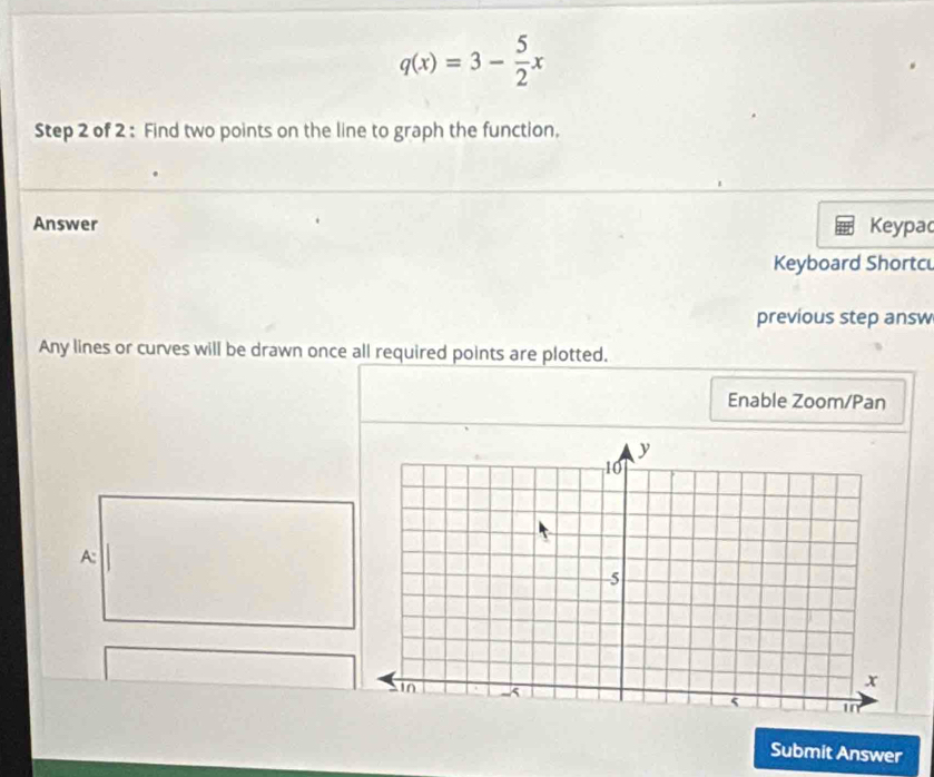 q(x)=3- 5/2 x
Step 2 of 2 : Find two points on the line to graph the function, 
Answer Keypac 
Keyboard Shortc 
previous step answ 
Any lines or curves will be drawn once all required points are plotted. 
Enable Zoom/Pan 
A: 
Submit Answer