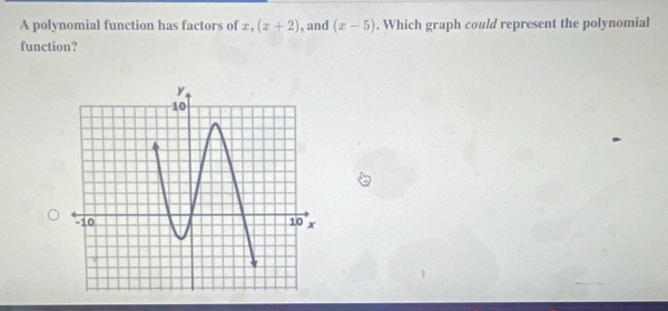 A polynomial function has factors of x, (x+2) , and (x-5). Which graph could represent the polynomial 
function?