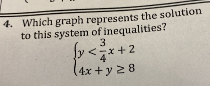 Which graph represents the solution 
to this system of inequalities?
beginarrayl y