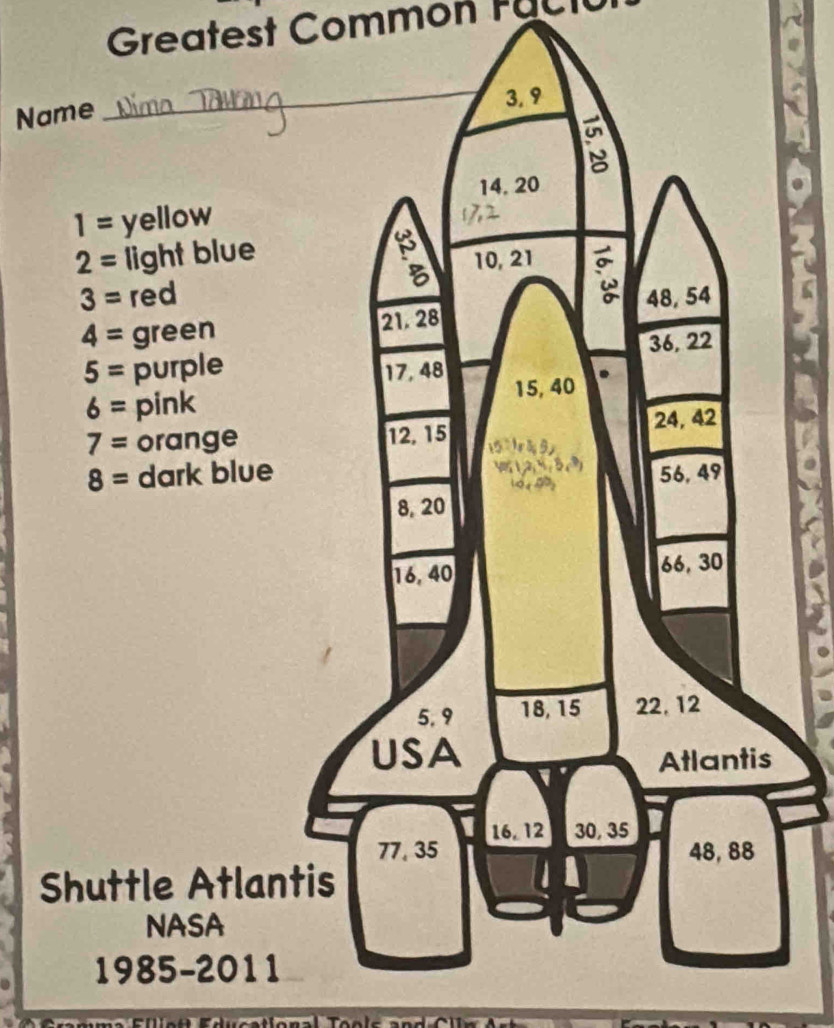 Greatest Common Fac t 
Name_
3, 9
14, 20
1= yellow
2= light blue
3= red B 10, 21
48, 54
4= green 21. 28
5= purple 36, 22
17, 48
6= pink 15, 40
7= orange 12, 15 24, 42
8= dark blue 56, 49
8, 20
16, 40 66, 30
5. 9 18, 15 22, 12
USA 
Atlantis
16. 12 30, 35
77, 35 48, 88
Shuttle Atlantis 
NASA 
1985-2011