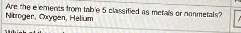 Are the elements from table 5 classified as metals or nonmetals? 
Nitrogen, Oxygen, Helium