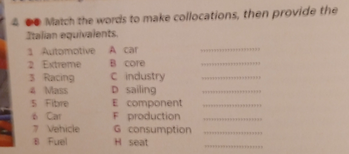 4 0● Match the words to make collocations, then provide the 
Italian equivalents. 
1 Automotive A car 
2 Extreme B core ????????,??,,,??,??,,, 
3 Racing C industry ?,,,,,??,,,,,,,,,,,,,, 
4 Mass D sailing ??????,,,,,??,,,,,,,,, 
5 Fibre E component ??,??,,,,,,,,,,,,,,,,, 
ó Car F production ,,,,?,,,,,,,,,,,,,,,,, 
7 Vehicle G consumption ?,,,,,,,,,,,,,,,,,,,, 
B Fuel H seat ,,,?,,?,,,,,,,,,,,?,,,