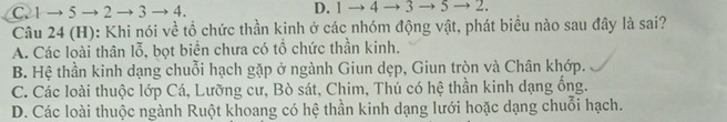 C. 1 → 5 → 2 → 3 → 4. D. 1 → 4 → 3 → 5 → 2.
Câu 24 (H): Khi nói về tổ chức thần kinh ở các nhóm động vật, phát biểu nào sau đây là sai?
A. Các loài thân lỗ, bọt biển chưa có tổ chức thần kinh.
B. Hệ thần kinh dạng chuỗi hạch gặp ở ngành Giun dẹp, Giun tròn và Chân khớp.
C. Các loài thuộc lớp Cá, Lưỡng cư, Bò sát, Chim, Thú có hệ thần kinh dạng ống.
D. Các loài thuộc ngành Ruột khoang có hệ thần kinh dạng lưới hoặc dạng chuỗi hạch.