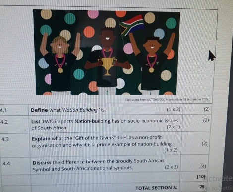 [Extracted from UCTOHS OLC Acressed on 03 September 2024] 
4.1 Define what ‘Notion Building ' is (1* 2) (2) 
4.2 List TWO impacts Nation-building has on socio-economic issues (2) 
of South Africa.
(2* 1)
4.3 Explain what the “Gift of the Givers” does as a non-profit (2) 
organisation and why it is a prime example of nation-building.
(1* 2)
4.4 Discuss the difference between the proudly South African (4) 
Symbol and South Africa's national symbols. (2* 2)
[10] ate 
TOTAL SECTION A: 25