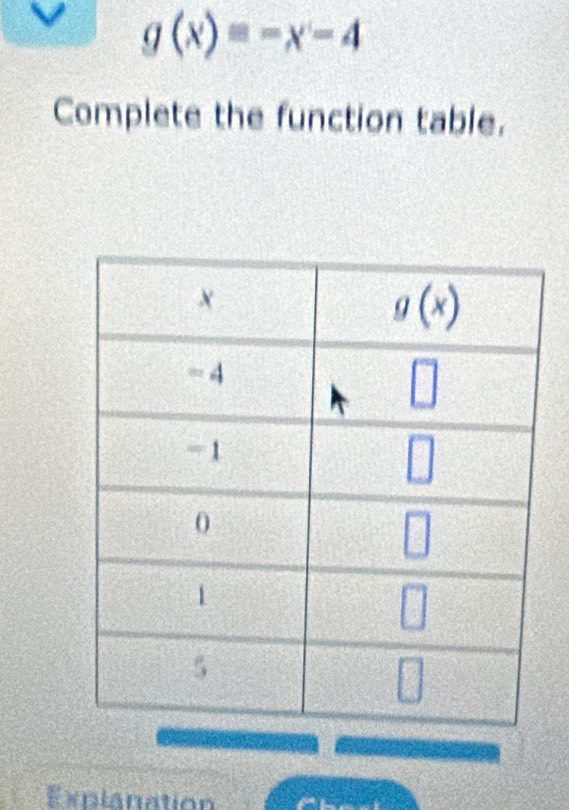 g(x)=-x-4
Complete the function table.
Explanation