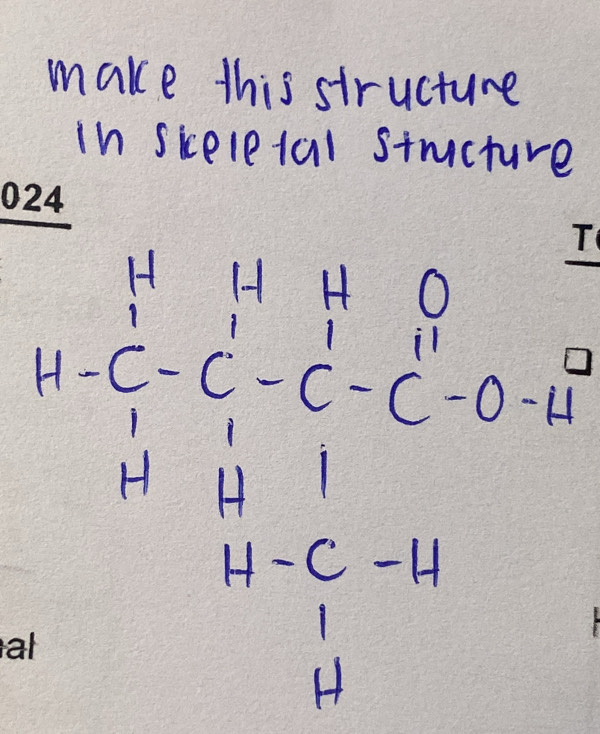 make this structure 
In siceletal structure 
T
beginarrayr HHHO H-C'-C'-C-C-C-O-H^+endarray
1
H H
H-C-H
1
H