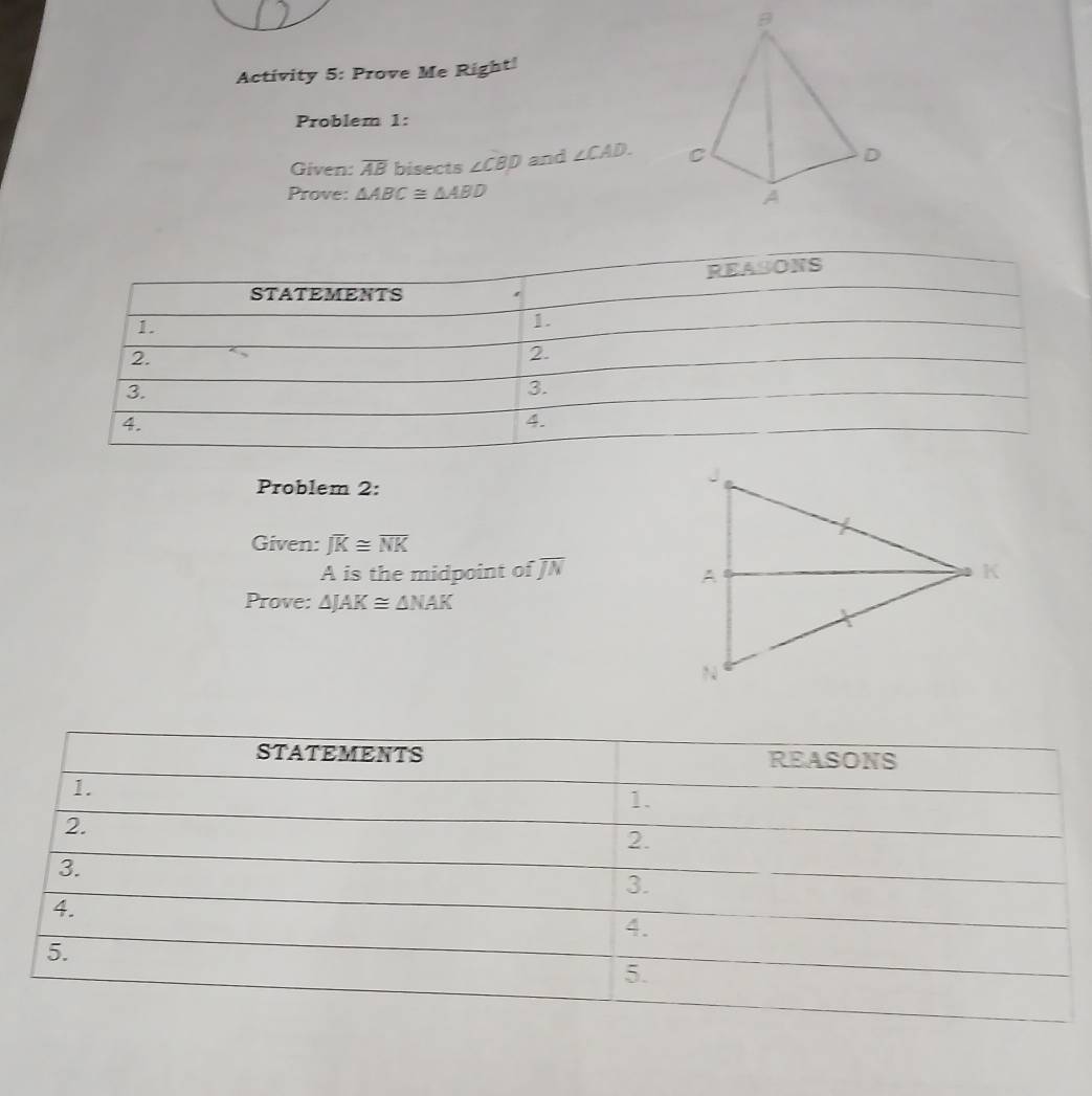 Activity 5: Prove Me Right! 
Problem 1: 
Given: overline AB bisects ∠ CBD and ∠ CAD. C
D
Prove: △ ABC≌ △ ABD
A 
Problem 2: 
Given: overline JK≌ overline NK
A is the midpoint of overline JN
Prove: △ JAK≌ △ NAK