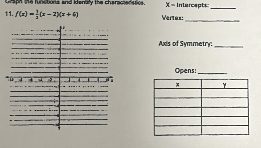 Graph the functions and identify the characteristics. X - Intercepts:_ 
11. f(x)= 1/2 (x-2)(x+6)
Vertex:_ 
Axis of Symmetry:_ 
Opens:_