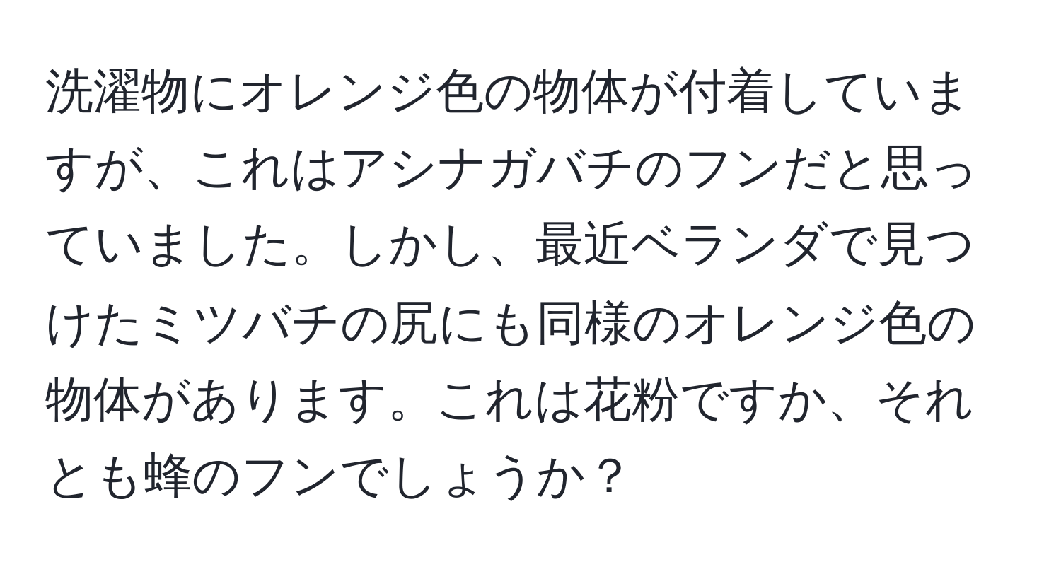 洗濯物にオレンジ色の物体が付着していますが、これはアシナガバチのフンだと思っていました。しかし、最近ベランダで見つけたミツバチの尻にも同様のオレンジ色の物体があります。これは花粉ですか、それとも蜂のフンでしょうか？