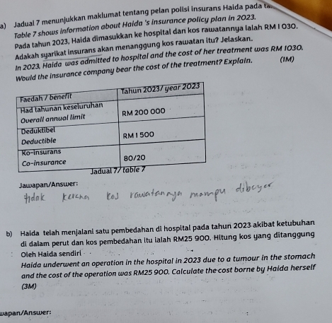 Jadual 7 menunjukkan maklumat tentang pelan polisi insurans Haida pada ta 
Table 7 shows information about Haida 's insurance policy plan in 2023. 
Pada tahun 2023, Haida dimasukkan ke hospital dan kos rawatannya lalah RM I 030. 
Adakah syarikat insurans akan menanggung kos rawatan itu? Jelaskan. 
In 2023, Haida was admitted to hospital and the cost of her treatment was RM 1030. 
uld the insurance company bear the cost of the treatment? Explain. (1M) 
Jawapan/Answer: 
b) Haida telah menjalani satu pembedahan di hospital pada tahun 2023 akibat ketubuhan 
di dalam perut dan kos pembedahan itu ialah RM25 900. Hitung kos yang ditanggung 
Oleh Haida sendiri 
Haida underwent an operation in the hospital in 2023 due to a tumour in the stomach 
and the cost of the operation was RM25 900. Calculate the cost borne by Haida herself 
(3M) 
wapan/Answer: