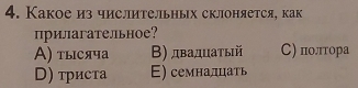 Какое из числительных склоняется, как
прилагательное?
A) τысяча Β) двадцатый С) πолтора
D) триста Ε) семнадцать