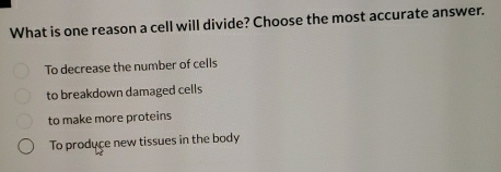 What is one reason a cell will divide? Choose the most accurate answer.
To decrease the number of cells
to breakdown damaged cells
to make more proteins
To produce new tissues in the body