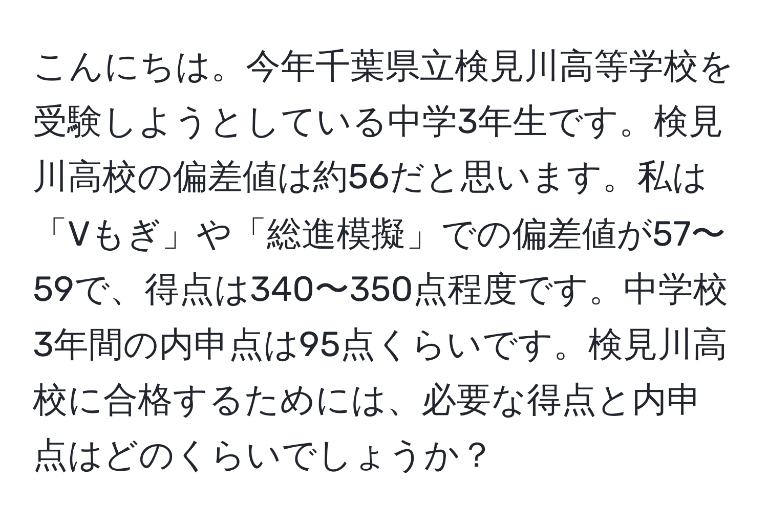 こんにちは。今年千葉県立検見川高等学校を受験しようとしている中学3年生です。検見川高校の偏差値は約56だと思います。私は「Vもぎ」や「総進模擬」での偏差値が57〜59で、得点は340〜350点程度です。中学校3年間の内申点は95点くらいです。検見川高校に合格するためには、必要な得点と内申点はどのくらいでしょうか？