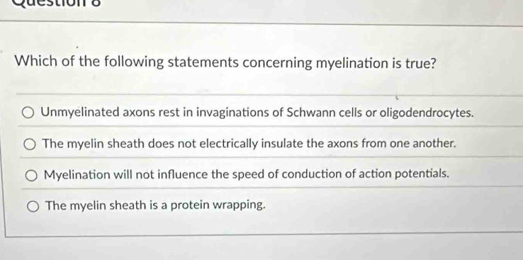 Which of the following statements concerning myelination is true?
Unmyelinated axons rest in invaginations of Schwann cells or oligodendrocytes.
The myelin sheath does not electrically insulate the axons from one another.
Myelination will not influence the speed of conduction of action potentials.
The myelin sheath is a protein wrapping.