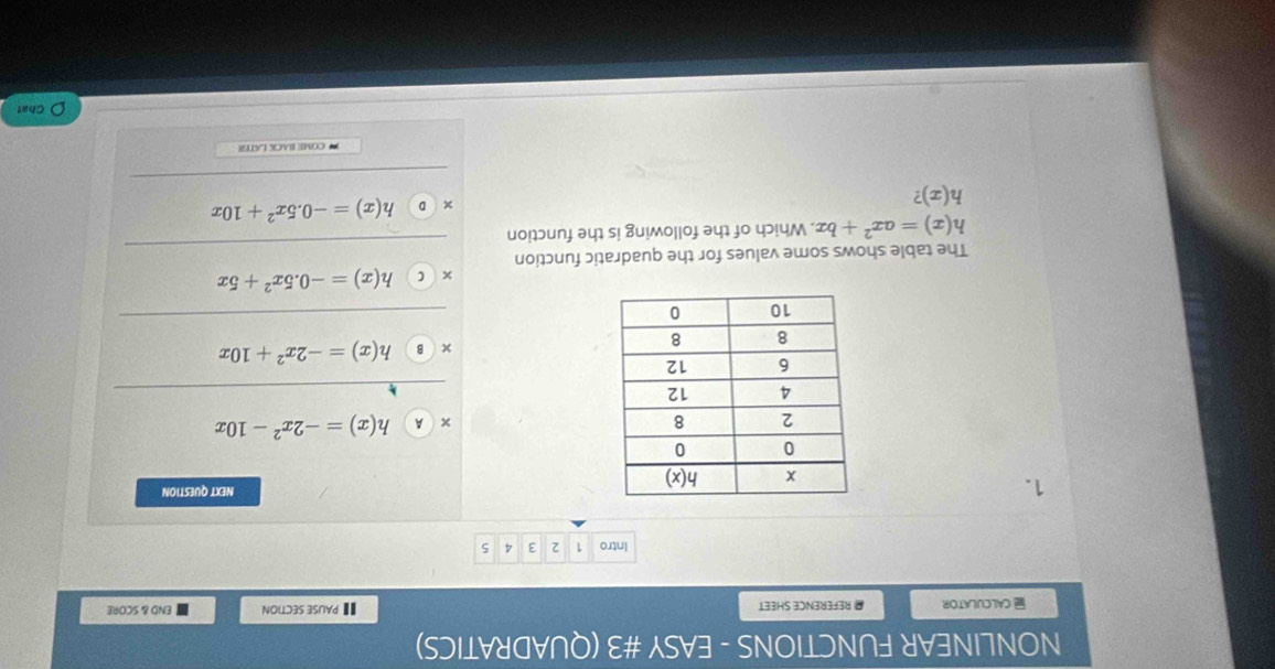 NONLINEAR FUNCTIONS - EASY #3 (QUADRATICS)
CALCULATOR @ REFERENCE SHEET €£ PAUSE SECTION  END &SCORE
Intro 1 2 3 5
1.
NEXT QUESTION
× A h(x)=-2x^2-10x
_
x B h(x)=-2x^2+10x
_
× C h(x)=-0.5x^2+5x
The table shows some values for the quadratic function
h(x)=ax^2+bx. Which of the following is the function
_
h(x) ?
× D h(x)=-0.5x^2+10x
_
COME BACK LATER
Chat