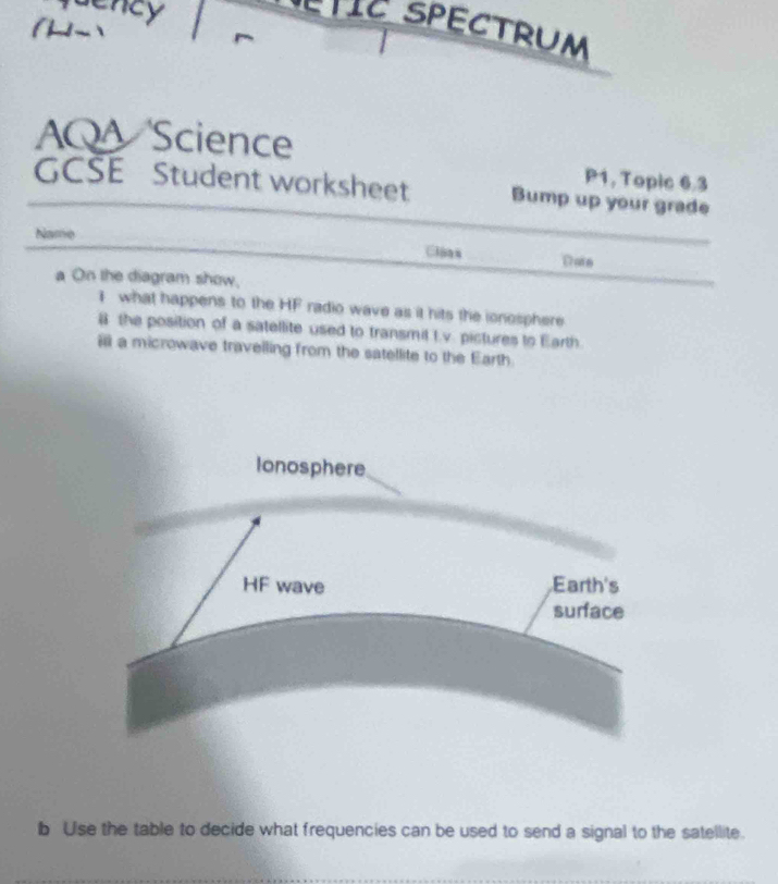 dency 
LTIC SPECTRUM 
AQA Science 
P1, Topic 6.3 
GCSE Student worksheet Bump up your grade 
Name Date 
Clas 
a On the diagram show, 
I what happens to the HF radio wave as it hits the ionosphere 
# the position of a satellite used to transmit t.v. pictures to Earth. 
ⅲi a microwave travelling from the satellite to the Earth 
b Use the table to decide what frequencies can be used to send a signal to the satellite.