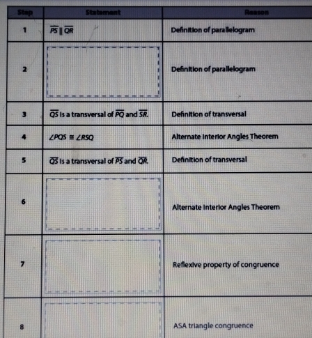 Stap Statemant Reason
8 ASA triangle congruence