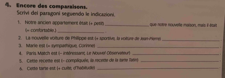 Encore des comparaisons. 
Scrivi dei paragoni seguendo le indicazioni. 
1. Notre ancien appartement était (+ petit) _que notre nouvelle maison, mais il était 
(= confortable.)_ 
. 
2. La nouvelle voiture de Philippe est (+ sportive, la voitüre de Jean-Pierre)_ 
。 
3. Marie est (= sympathique, Corinne)_ 
4. Paris Match est (- intéressant, Le Nouvel Observateur)_ 
. 
5. Cette recette est (- compliquée, la recette de la tarte Tatin)_ 
. 
6. Cette tarte est (+ cuite, d'habitude)_ 
.