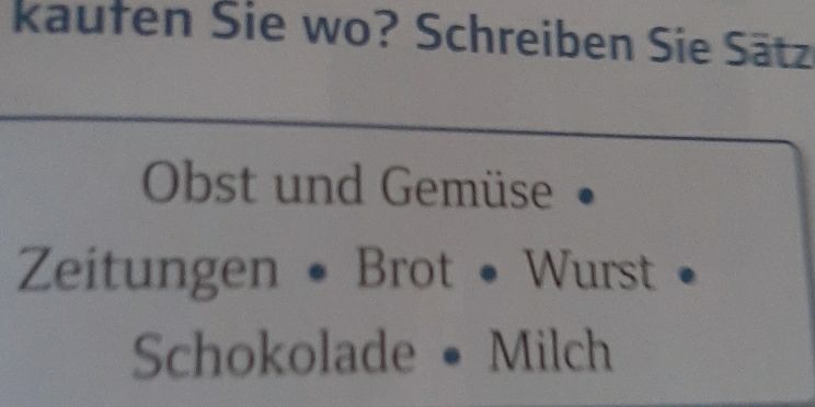 kaufen Sie wo? Schreiben Sie Sätz 
Obst und Gemüse • 
Zeitungen • Brot • Wurst • 
Schokolade • Milch