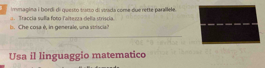 Immagina i bordi di questo tratto di strada come due rette parallele. 
a. Traccia sulla foto l’altezza della striscia. 
b. Che cosa è, in generale, una striscia? 
_ 
Usa il linguaggio matematico