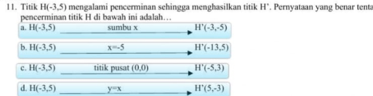 Titik H(-3,5) mengalami pencerminan sehingga menghasilkan titik H’. Pernyataan yang benar tenta
pencerminan titik H di bawah ini adalah…
a. H(-3,5) sumbu x H'(-3,-5)
b. H(-3,5) x=-5 H'(-13,5)
c. H(-3,5) titik pusat (0,0) H'(-5,3)
d. H(-3,5) y=x H'(5,-3)