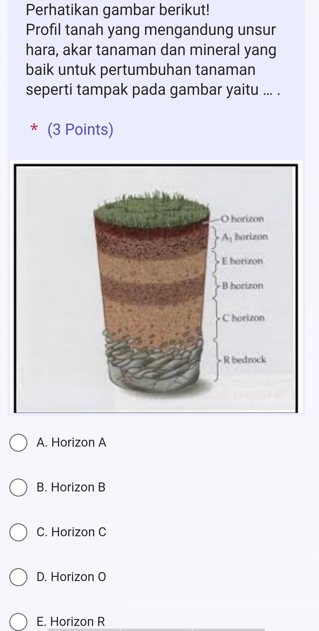 Perhatikan gambar berikut!
Profil tanah yang mengandung unsur
hara, akar tanaman dan mineral yang
baik untuk pertumbuhan tanaman
seperti tampak pada gambar yaitu ... .
* (3 Points)
A. Horizon A
B. Horizon B
C. Horizon C
D. Horizon O
E. Horizon R