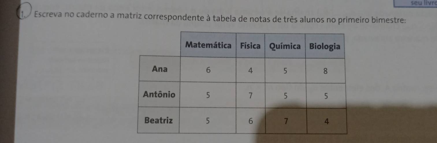 seu livr 
Escreva no caderno a matriz correspondente à tabela de notas de três alunos no primeiro bimestre: