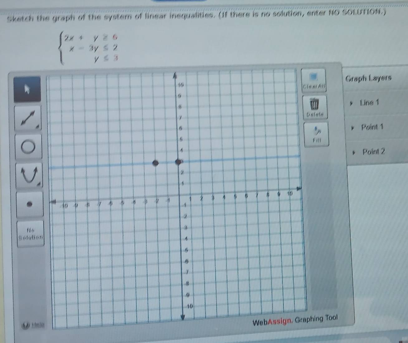 Sketch the graph of the system of linear inequalities. (If there is no solution, enter NO SOLUTION.)
beginarrayl 2x+y≥ 6 x-3y≤ 2 y≤ 3endarray.
í k Graph Layers 
Line 1
ets 
Point 1
ll 
Point 2
N6 
Solutio 
He 
ng Tool