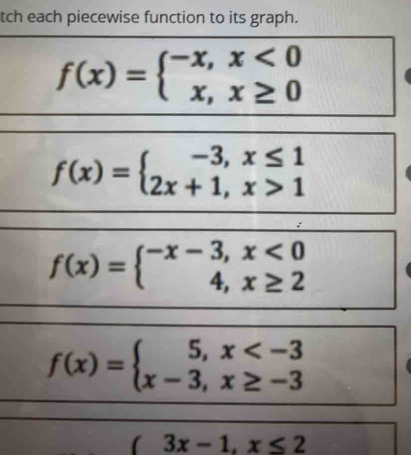 tch each piecewise function to its graph.
f(x)=beginarrayl -x,x<0 x,x≥ 0endarray.
f(x)=beginarrayl -3,x≤ 1 2x+1,x>1endarray.
f(x)=beginarrayl -x-3,x<0 4,x≥ 2endarray.
f(x)=beginarrayl 5,x
(3x-1,x≤ 2