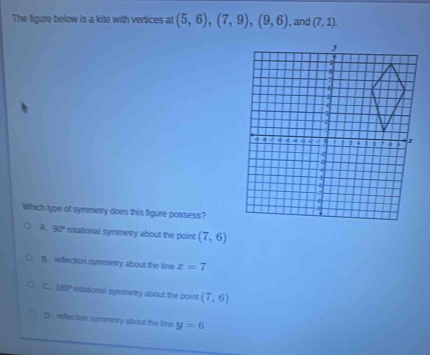 The figure below is a kite with vertices at (5,6), (7,9), (9,6) , and (7,1). 
Which type of symmetry does this figure possess?
A 90° rotational symmetry about the point (7,6)
B. reflection symmetry about the line x=7
C. 180° rotational symmetry about the point (7,6)
D . refection symmery about the line y=6