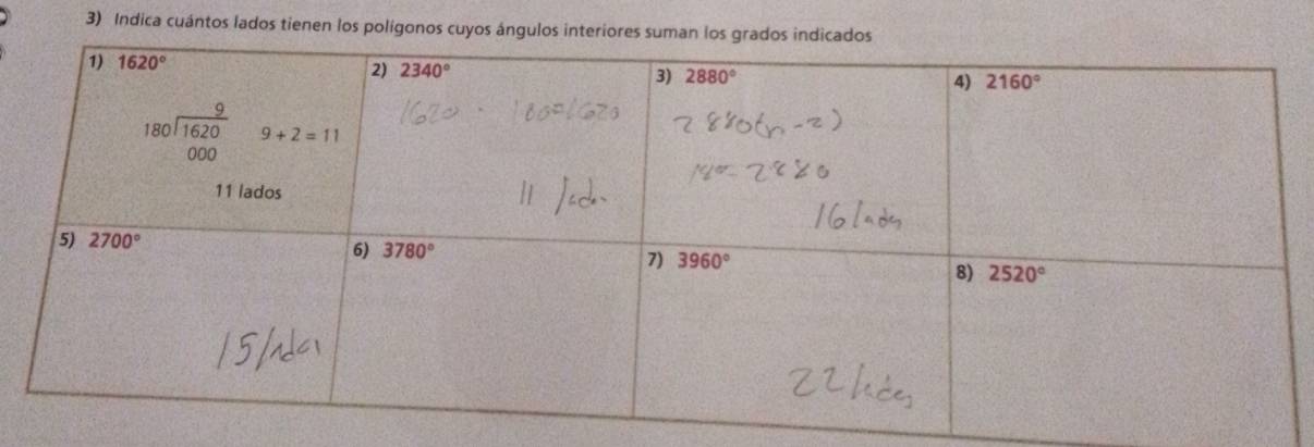 Indica cuántos lados tienen los polígonos cuyos ángulos interiores suman los grados indicados