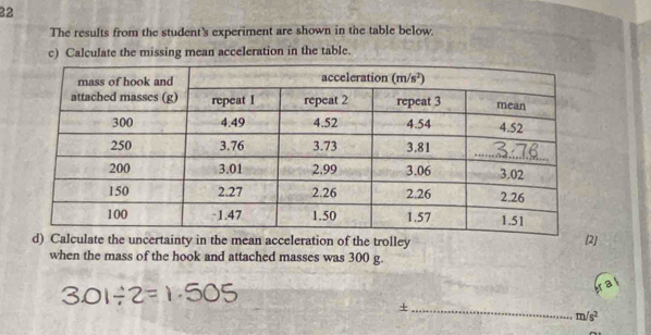 The results from the student's experiment are shown in the table below.
c) Calculate the missing mean acceleration in the table.
d) Calculate the uncertainty in the mean acceleration of the trolley [2]
when the mass of the hook and attached masses was 300 g.
_+
m/s^2