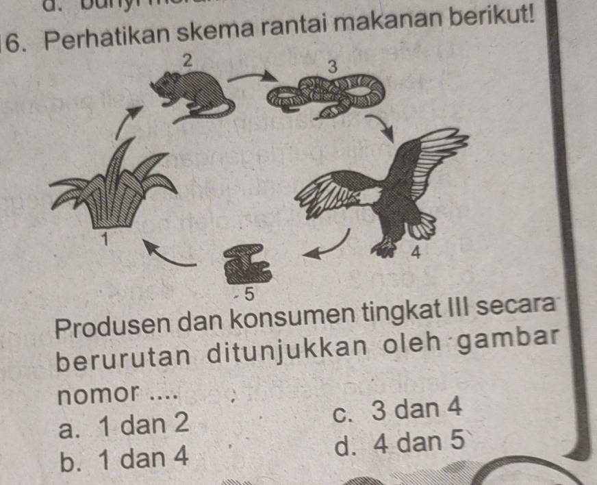 Perhatikan skema rantai makanan berikut!
Produsen dan konsumen tingkat III secara
berurutan ditunjukkan oleh gambar
nomor ....
a. 1 dan 2 c. 3 dan 4
b. 1 dan 4 d. 4 dan 5